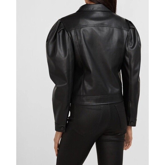Express Black Faux Leather Cropped Jacket Puff Sleeves Y2K Inspired Large NEW - Picture 2 of 8